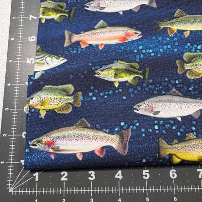 Navy Freshwater Fish fabric CD2640 Lakeside Cabin - Mary Jo Fabrics