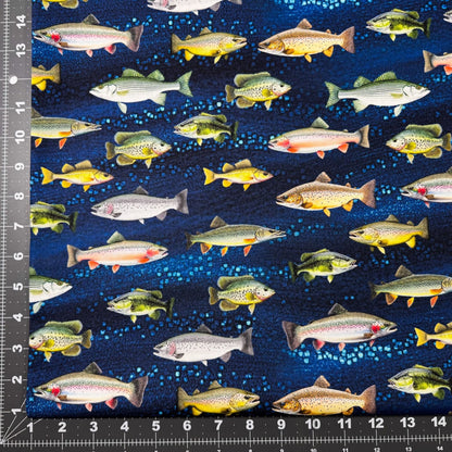 Navy Freshwater Fish fabric CD2640 Lakeside Cabin - Mary Jo Fabrics