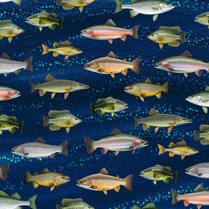 Navy Freshwater Fish fabric CD2640 Lakeside Cabin - Mary Jo Fabrics