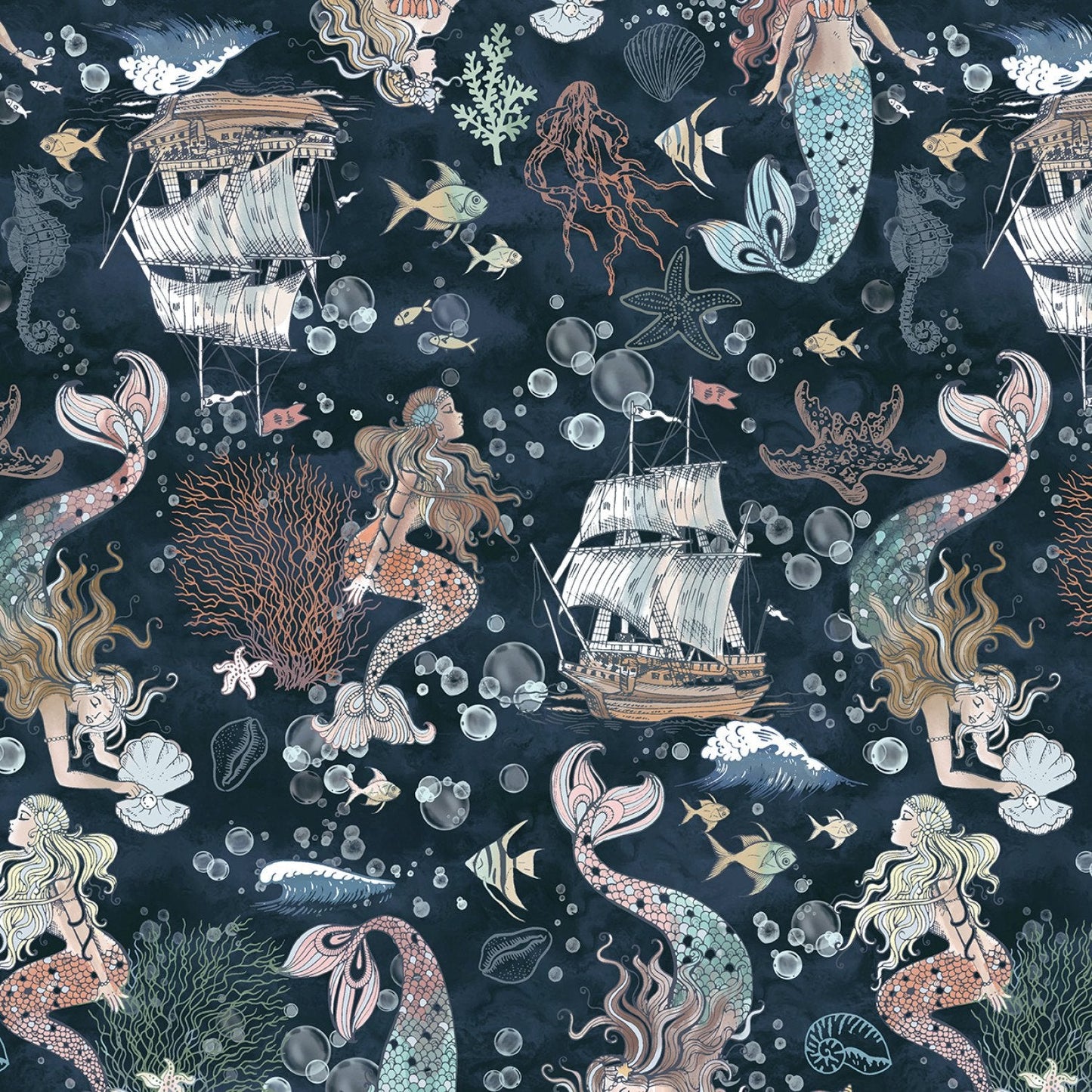 Ocean Song Mermaid Fabric 54693 - 2 Deep Sea A Mermaid's Tale - Mary Jo Fabrics