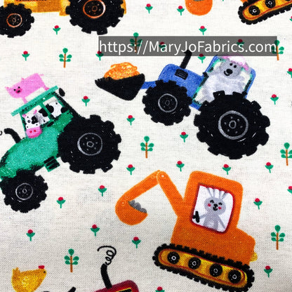 Off White Tractor FLANNEL 44 - 6381 Farm Animal - Mary Jo Fabrics