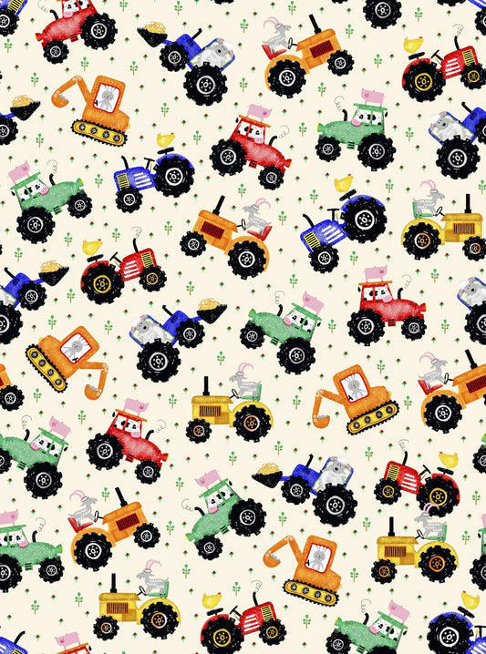 Off White Tractor FLANNEL 44 - 6381 Farm Animal - Mary Jo Fabrics