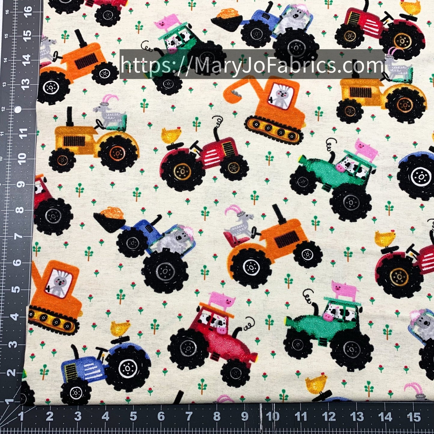 Off White Tractor FLANNEL 44 - 6381 Farm Animal - Mary Jo Fabrics