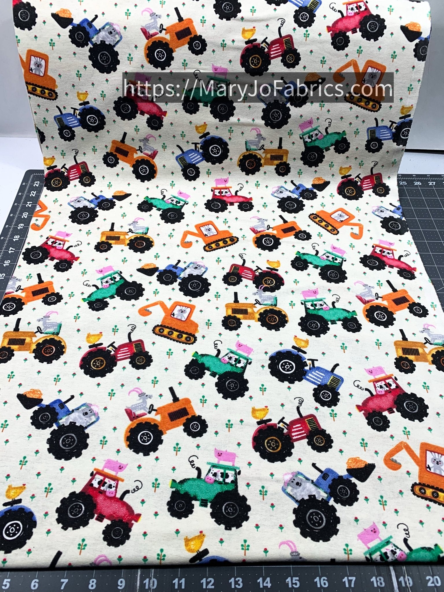 Off White Tractor FLANNEL 44 - 6381 Farm Animal - Mary Jo Fabrics