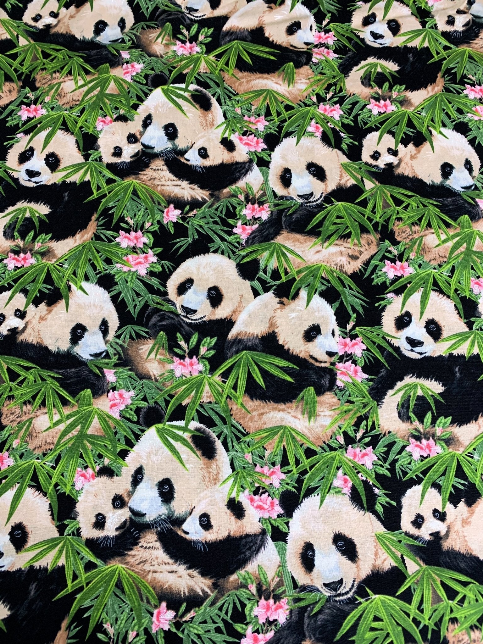 Panda bear fabric 1230 Panda fabric w Pink Flowers - Mary Jo Fabrics