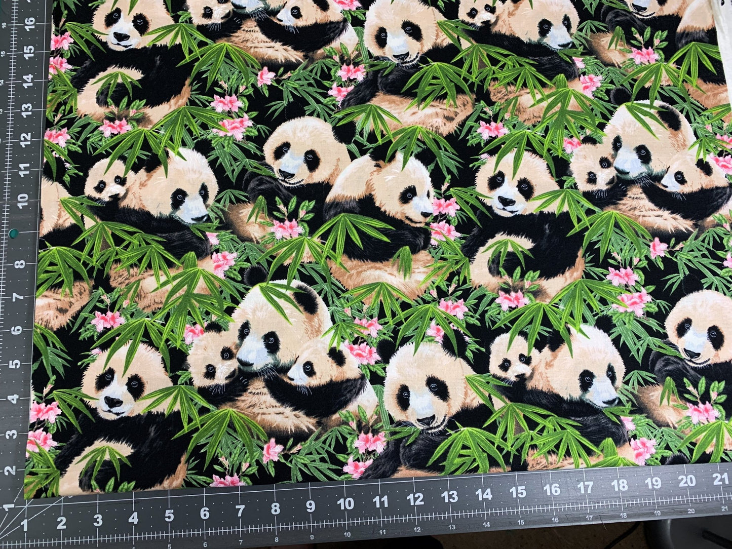 Panda bear fabric 1230 Panda fabric w Pink Flowers - Mary Jo Fabrics