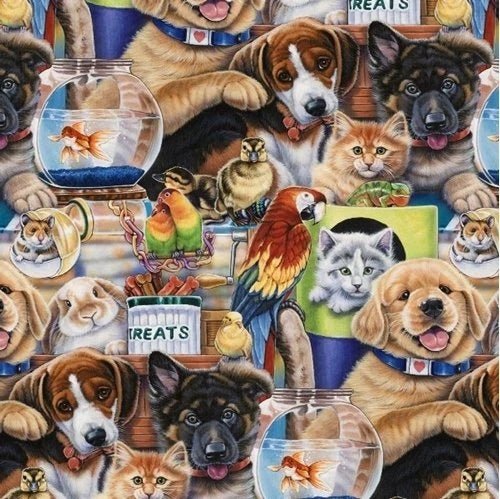 Pet Shop Dog Cat Fish Bird Fabric Cotton AL - 4708 - 1C - Mary Jo Fabrics
