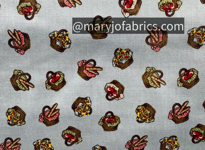 Picnic baskets and Apples Cotton Fabric 50300 - 2 Blue - Mary Jo Fabrics