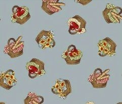 Picnic baskets and Apples Cotton Fabric 50300 - 2 Blue - Mary Jo Fabrics