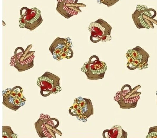 Picnic baskets and Apples Cotton Fabric 50300 Cream - Mary Jo Fabrics