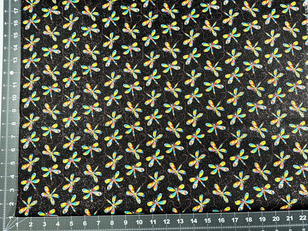 Rainbow dragonfly fabric with silver glitter - Mary Jo Fabrics