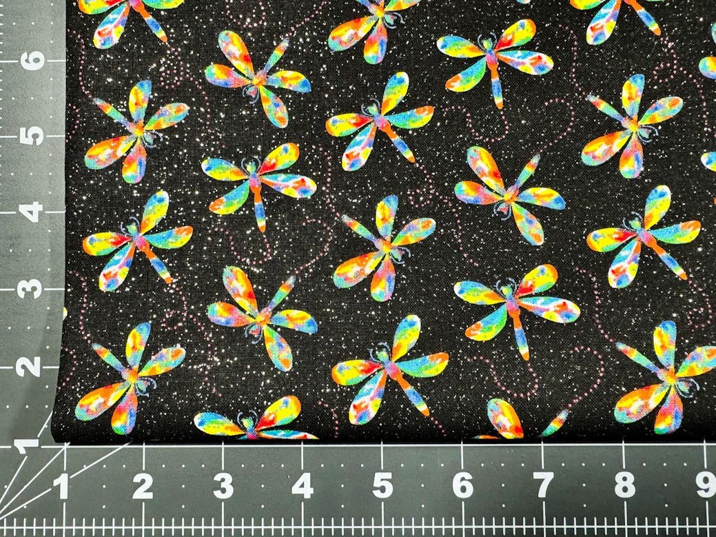 Rainbow dragonfly fabric with silver glitter - Mary Jo Fabrics