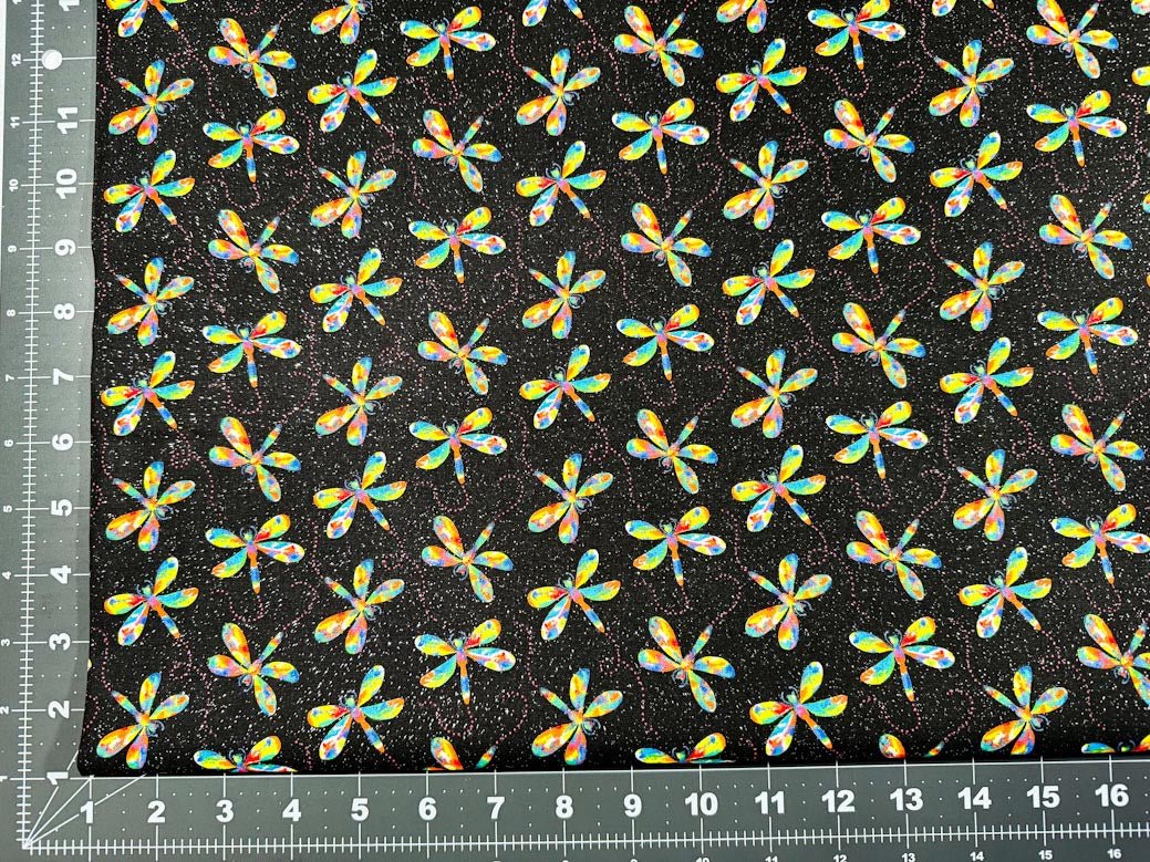 Rainbow dragonfly fabric with silver glitter - Mary Jo Fabrics