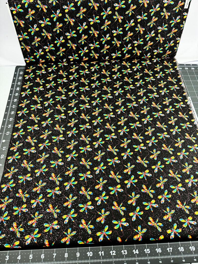 Rainbow dragonfly fabric with silver glitter - Mary Jo Fabrics