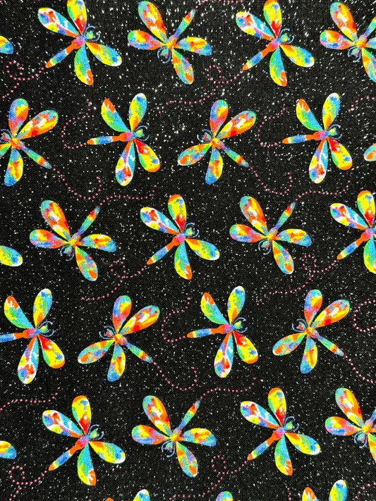 Rainbow dragonfly fabric with silver glitter - Mary Jo Fabrics