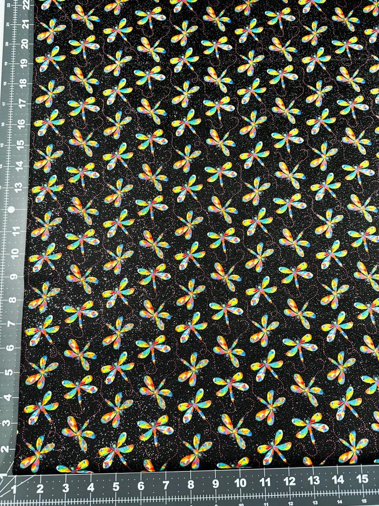 Rainbow dragonfly fabric with silver glitter - Mary Jo Fabrics