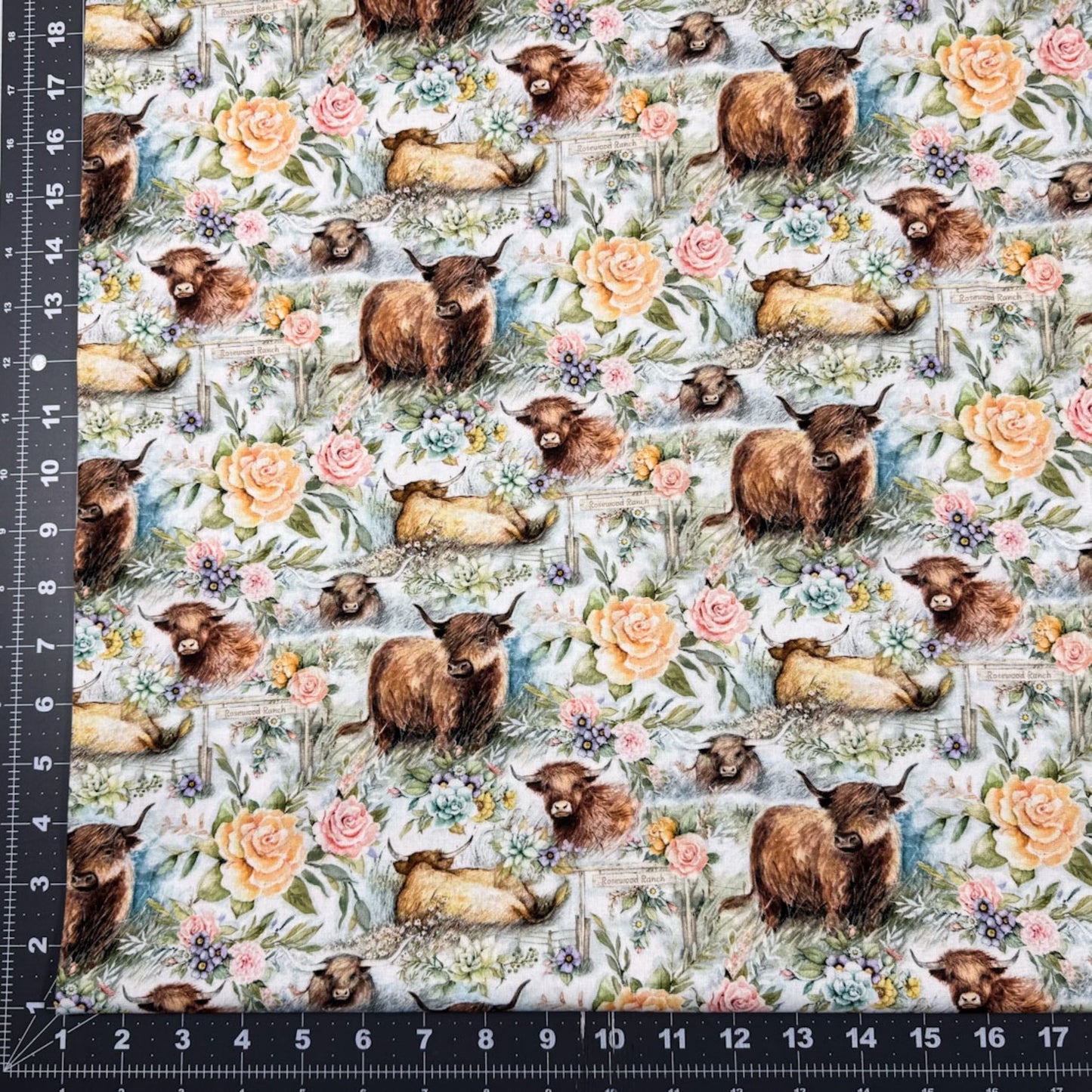 Ranch Highland Cow Fabric 81425 with floral roses - Mary Jo Fabrics
