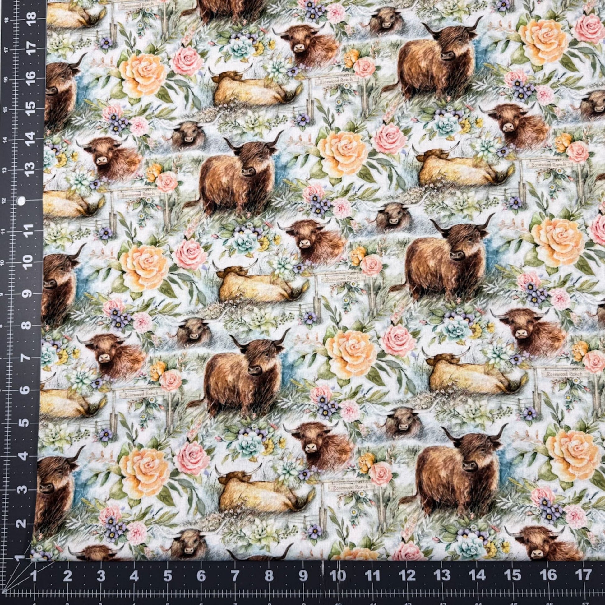 Ranch Highland Cow Fabric 81425 with floral roses - Mary Jo Fabrics