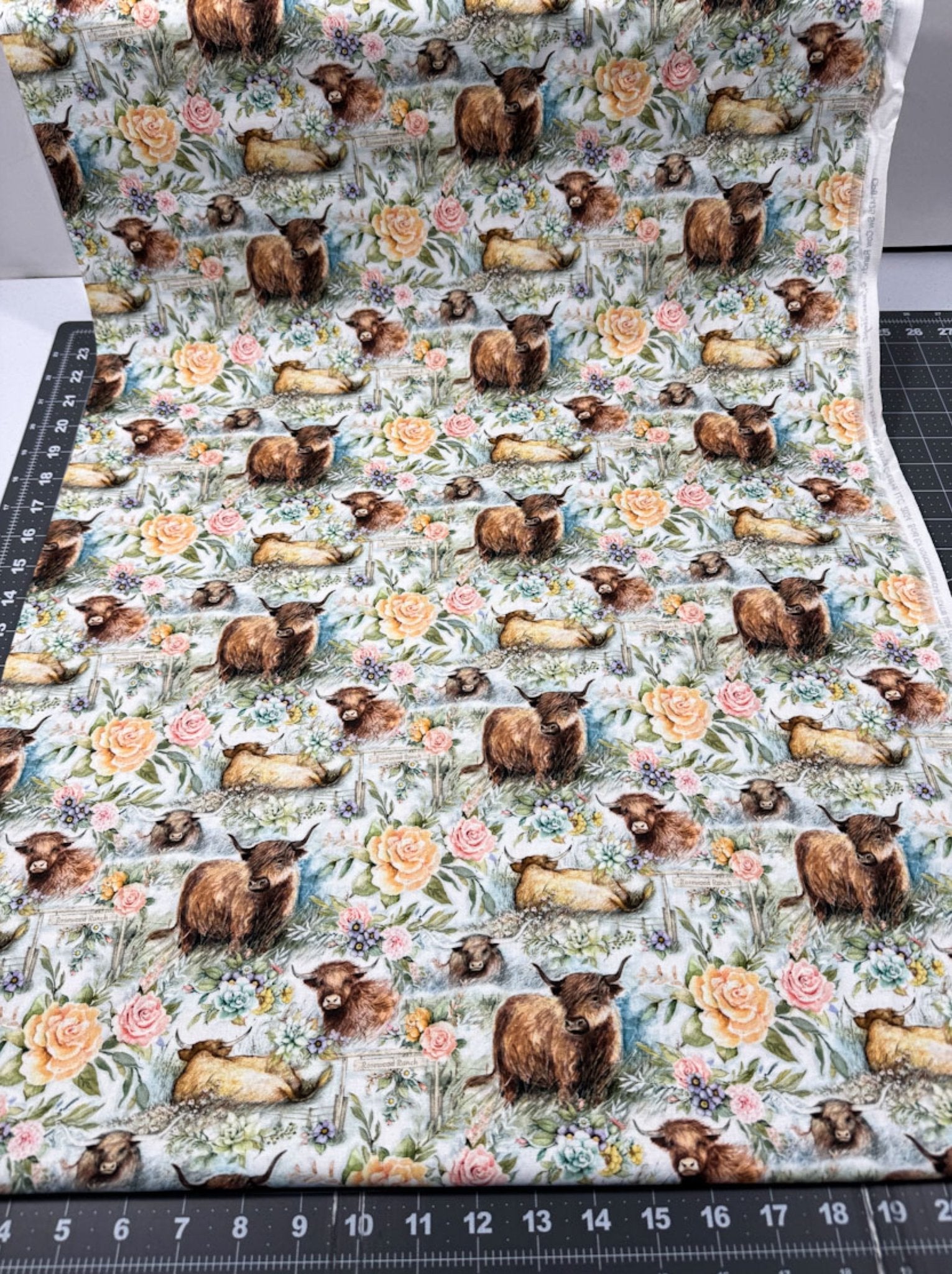 Ranch Highland Cow Fabric 81425 with floral roses - Mary Jo Fabrics