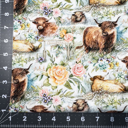Ranch Highland Cow Fabric 81425 with floral roses - Mary Jo Fabrics