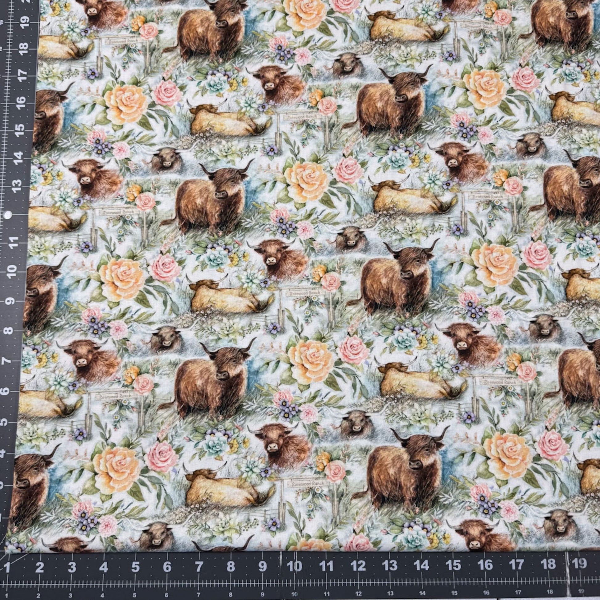Ranch Highland Cow Fabric 81425 with floral roses - Mary Jo Fabrics
