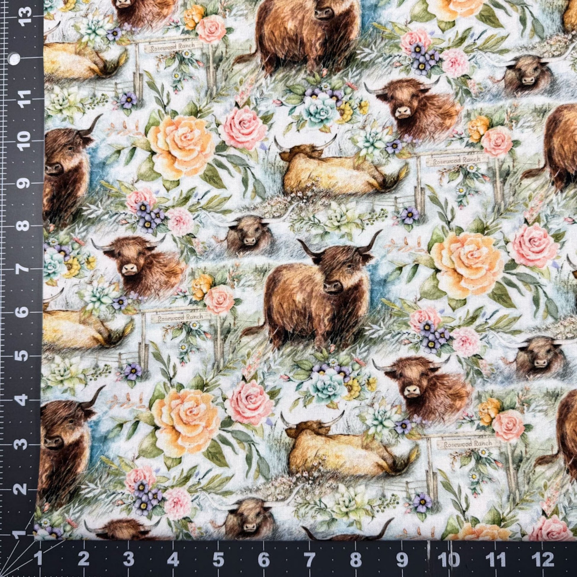Ranch Highland Cow Fabric 81425 with floral roses - Mary Jo Fabrics