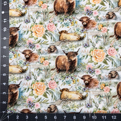 Ranch Highland Cow Fabric 81425 with floral roses - Mary Jo Fabrics