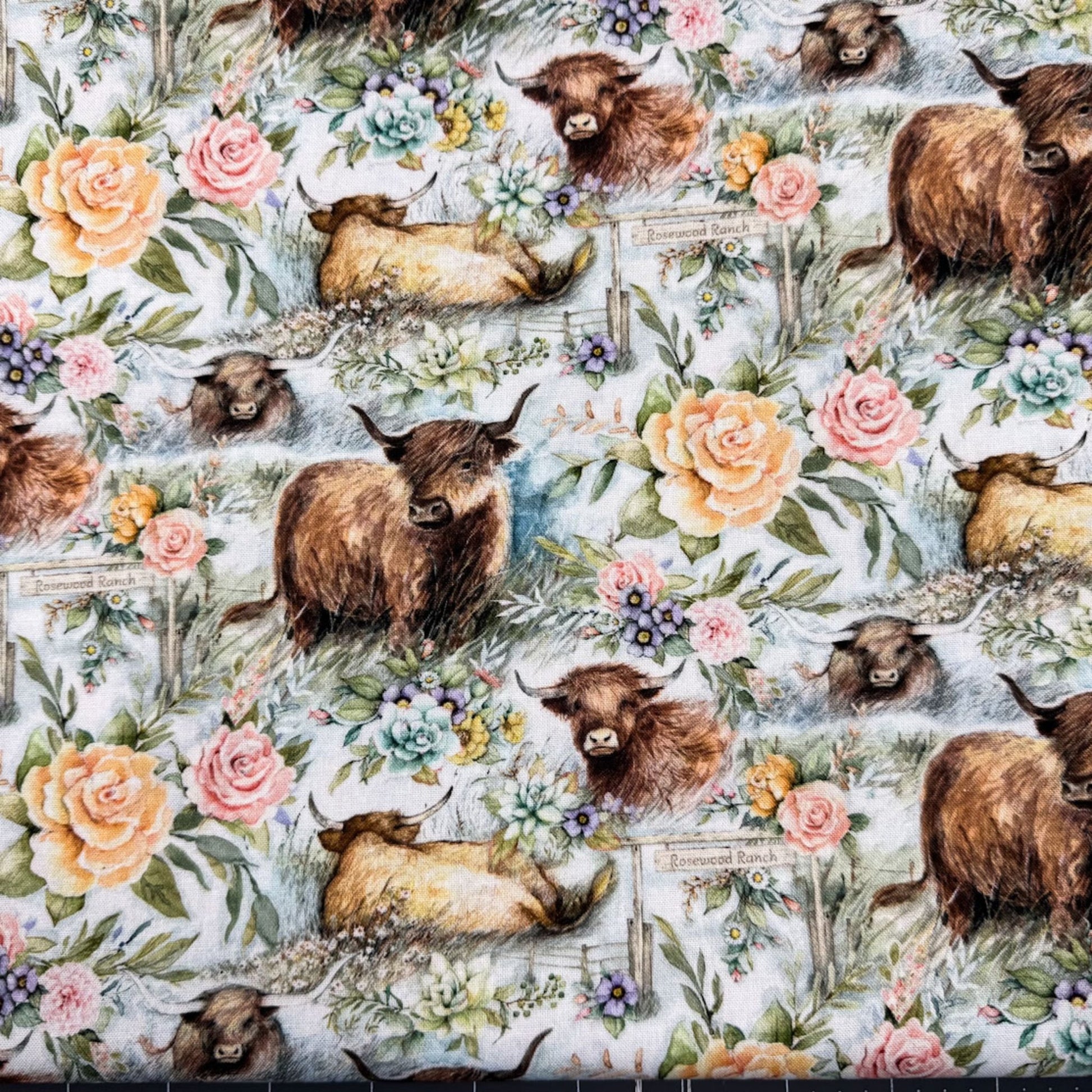 Ranch Highland Cow Fabric 81425 with floral roses - Mary Jo Fabrics