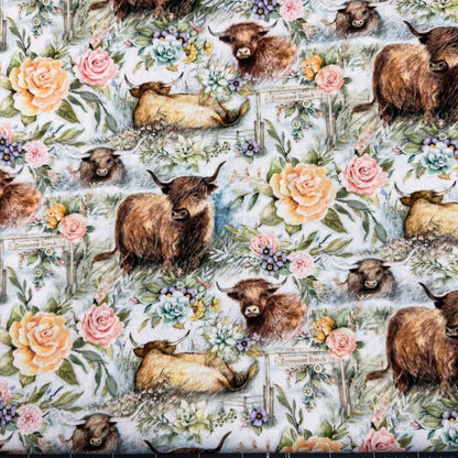 Ranch Highland Cow Fabric 81425 with floral roses - Mary Jo Fabrics