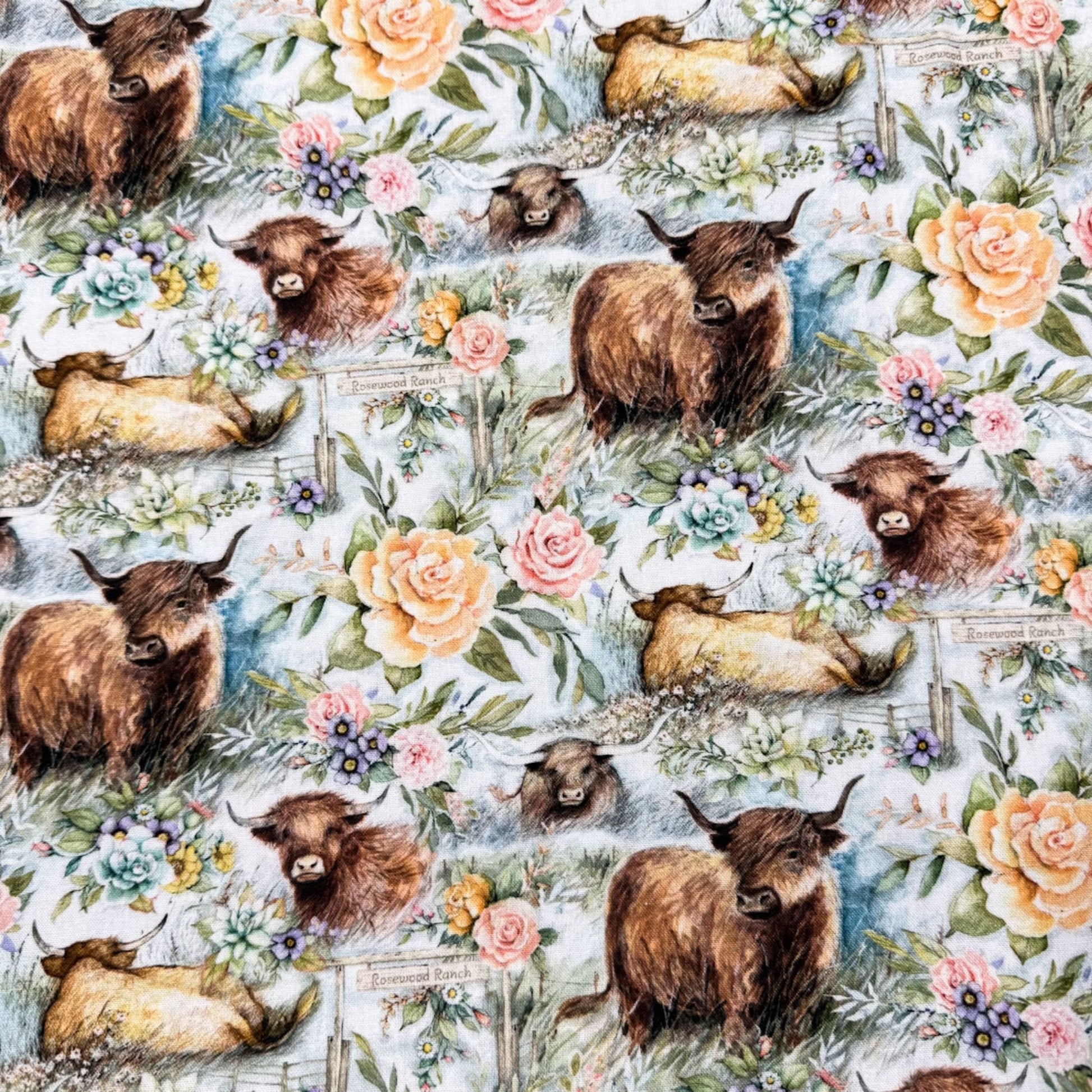 Ranch Highland Cow Fabric 81425 with floral roses - Mary Jo Fabrics