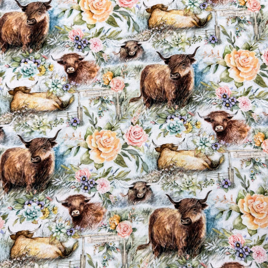 Ranch Highland Cow Fabric 81425 with floral roses - Mary Jo Fabrics