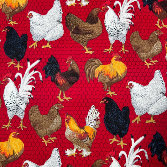 Red Chicken Fabric 1695 Roosters on Chicken Wire - Mary Jo Fabrics