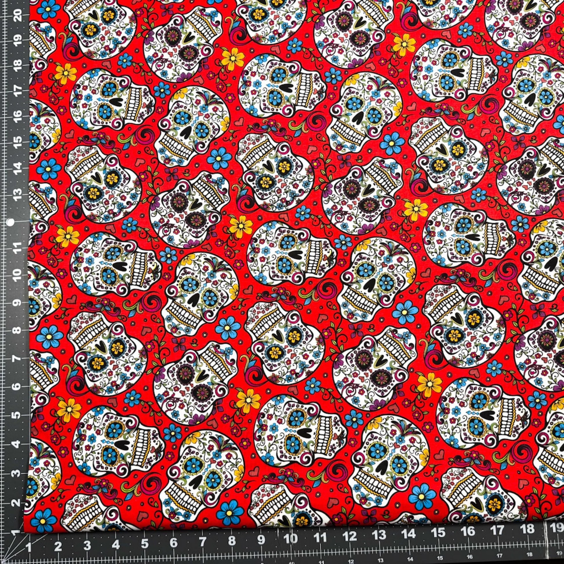 Red Folkloric Skulls fabric DT28882C skull cotton fabric - Mary Jo Fabrics