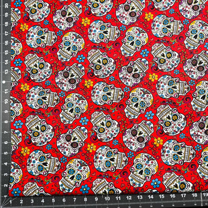 Red Folkloric Skulls fabric DT28882C skull cotton fabric - Mary Jo Fabrics