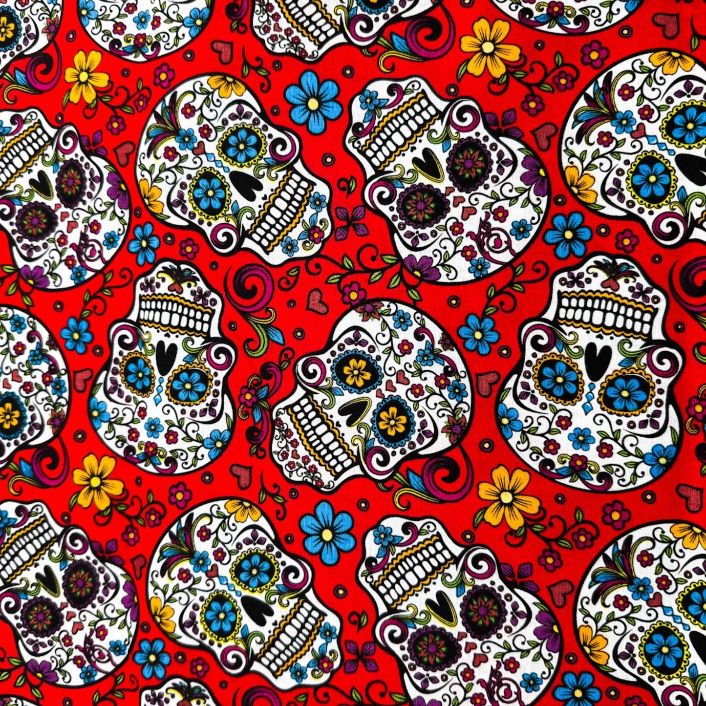 Red Folkloric Skulls fabric DT28882C skull cotton fabric - Mary Jo Fabrics