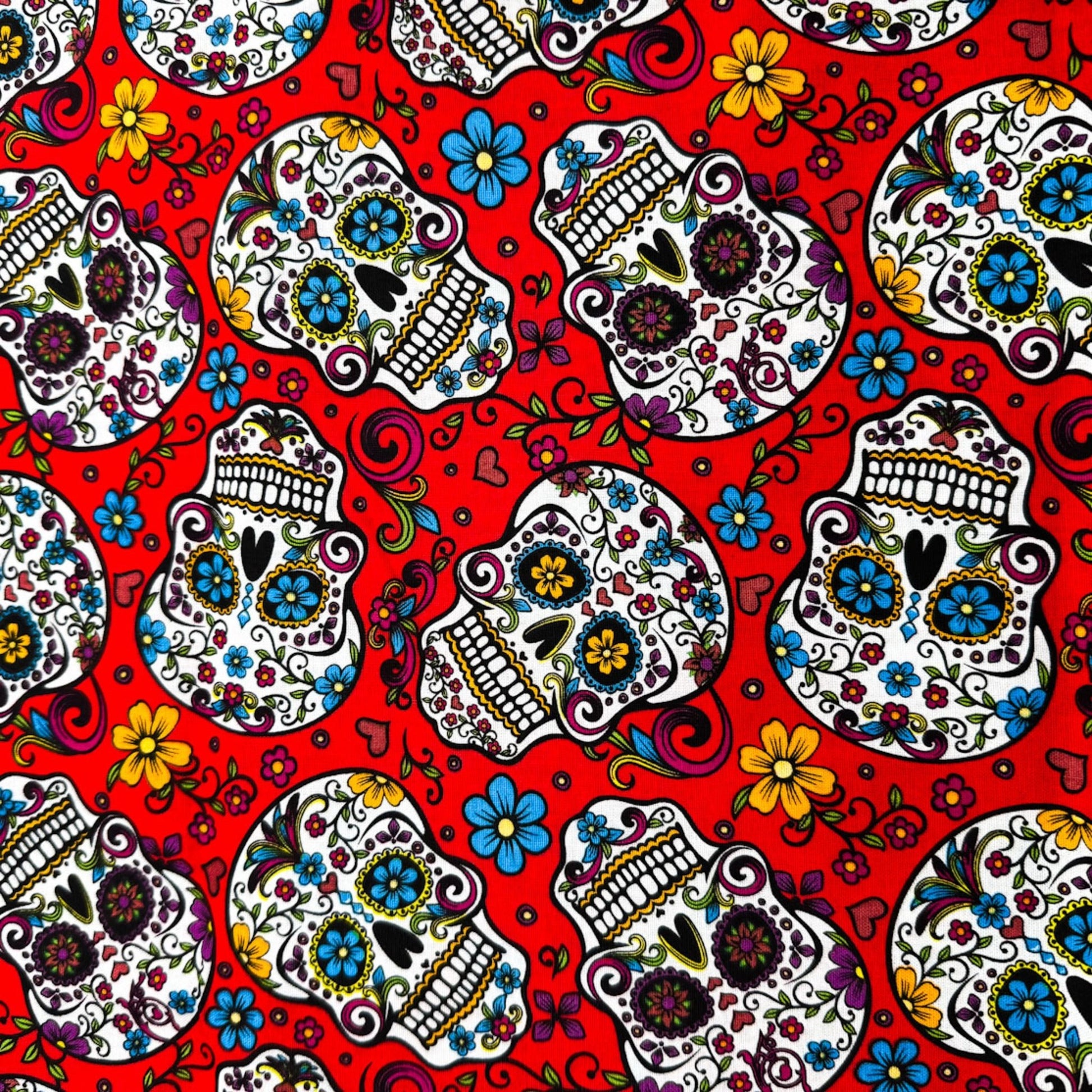 Red Folkloric Skulls fabric DT28882C skull cotton fabric - Mary Jo Fabrics