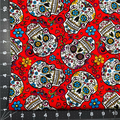 Red Folkloric Skulls fabric DT28882C skull cotton fabric - Mary Jo Fabrics