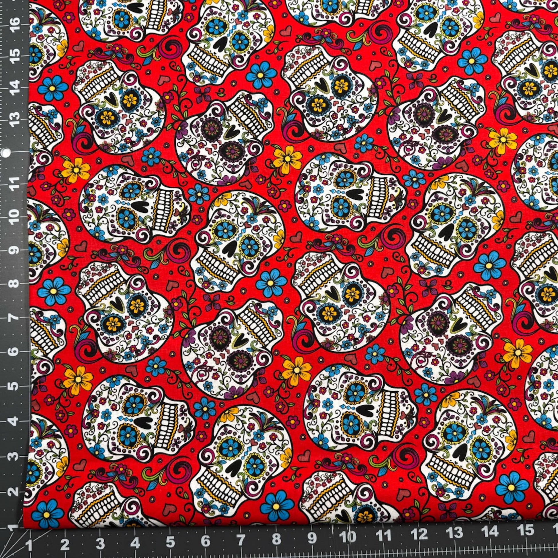 Red Folkloric Skulls fabric DT28882C skull cotton fabric - Mary Jo Fabrics