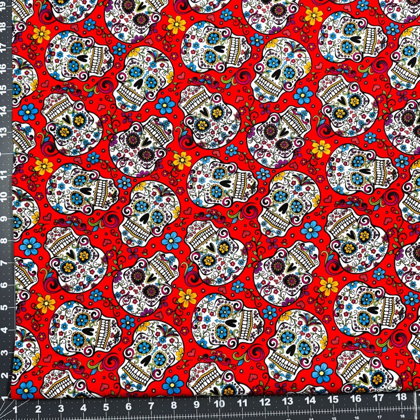 Red Folkloric Skulls fabric DT28882C skull cotton fabric - Mary Jo Fabrics