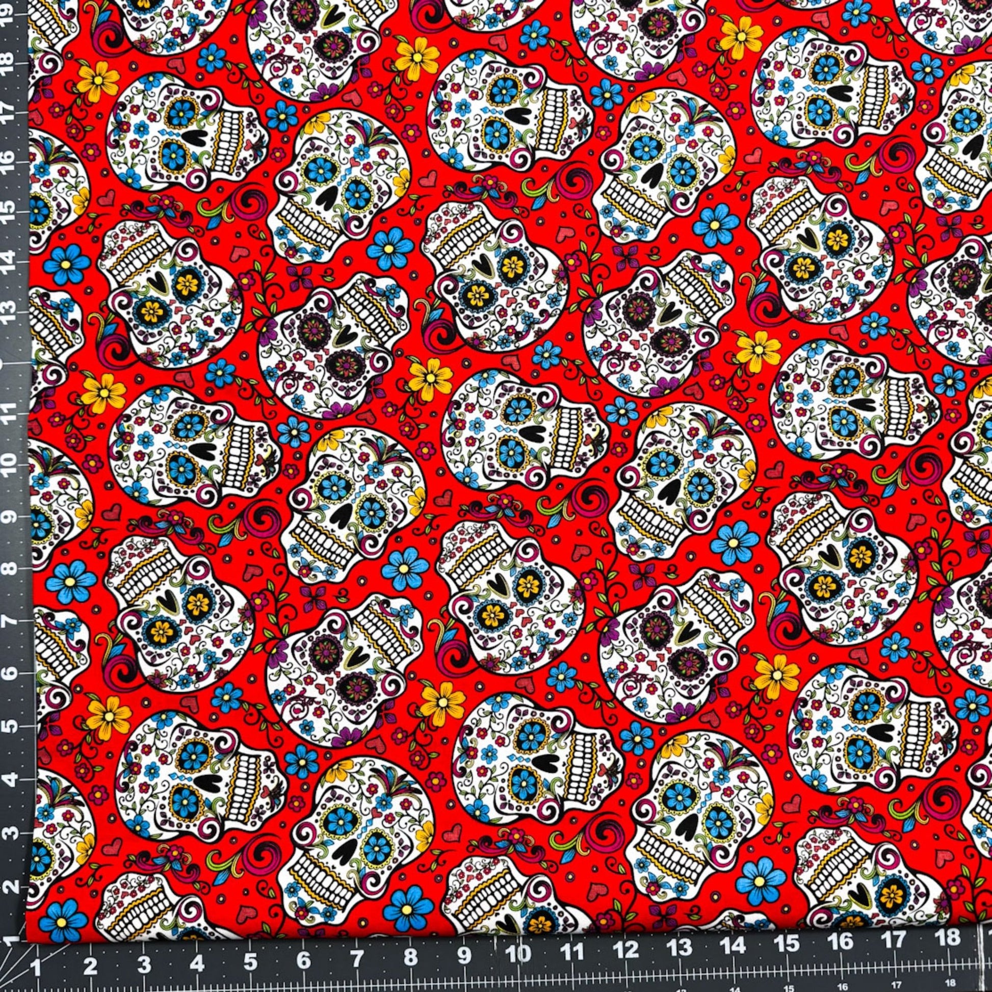 Red Folkloric Skulls fabric DT28882C skull cotton fabric - Mary Jo Fabrics