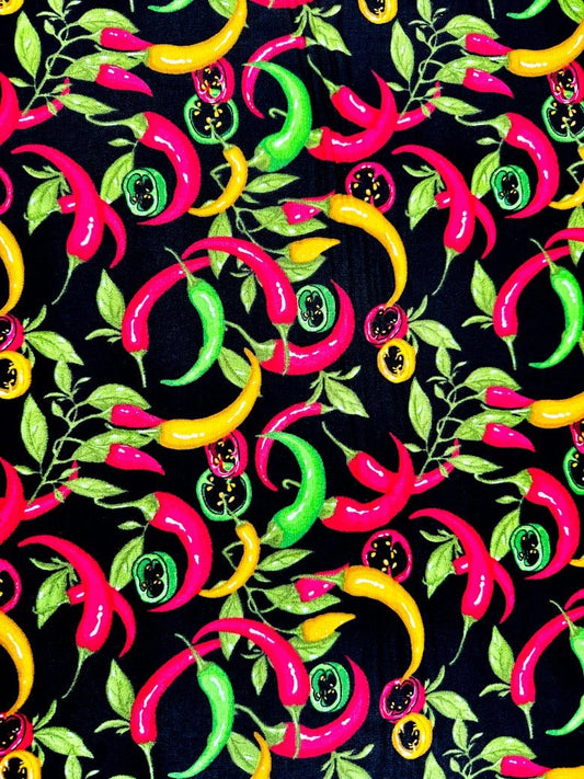 Red Hot Pepper fabric on black - Mary Jo Fabrics