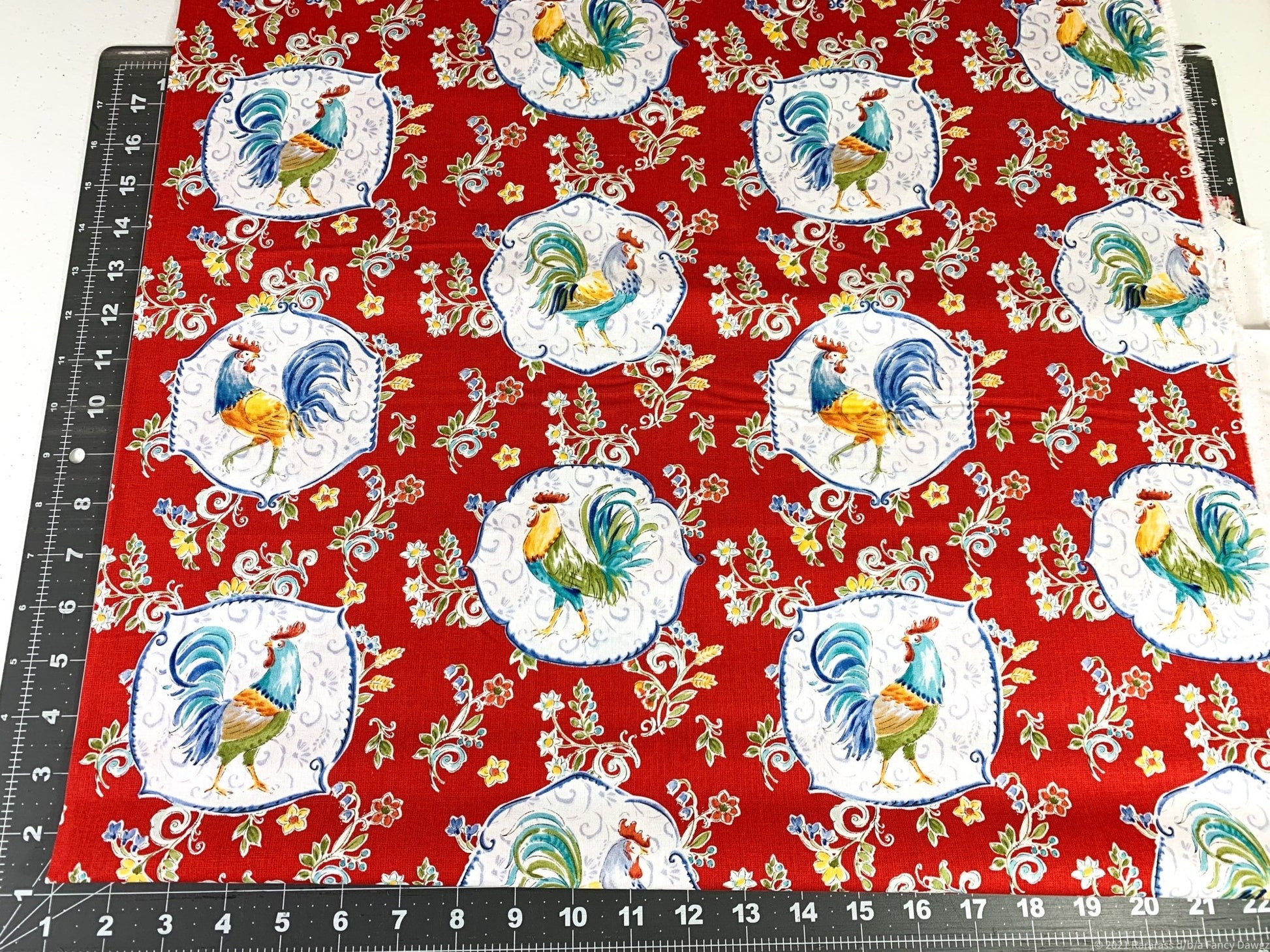 Red Morning Bloom Rooster fabric 5825 Chicken fabric - Mary Jo Fabrics