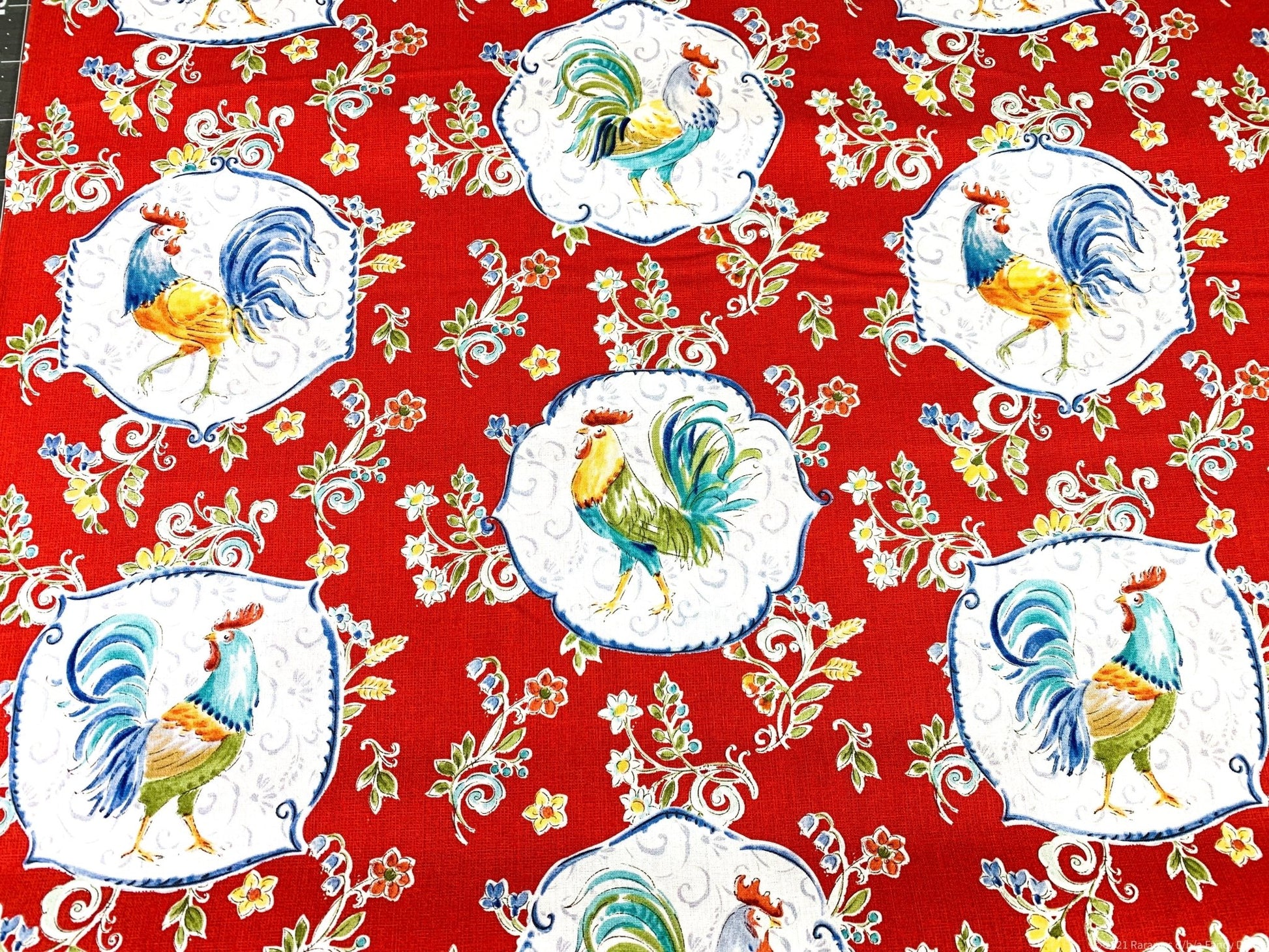 Red Morning Bloom Rooster fabric 5825 Chicken fabric - Mary Jo Fabrics