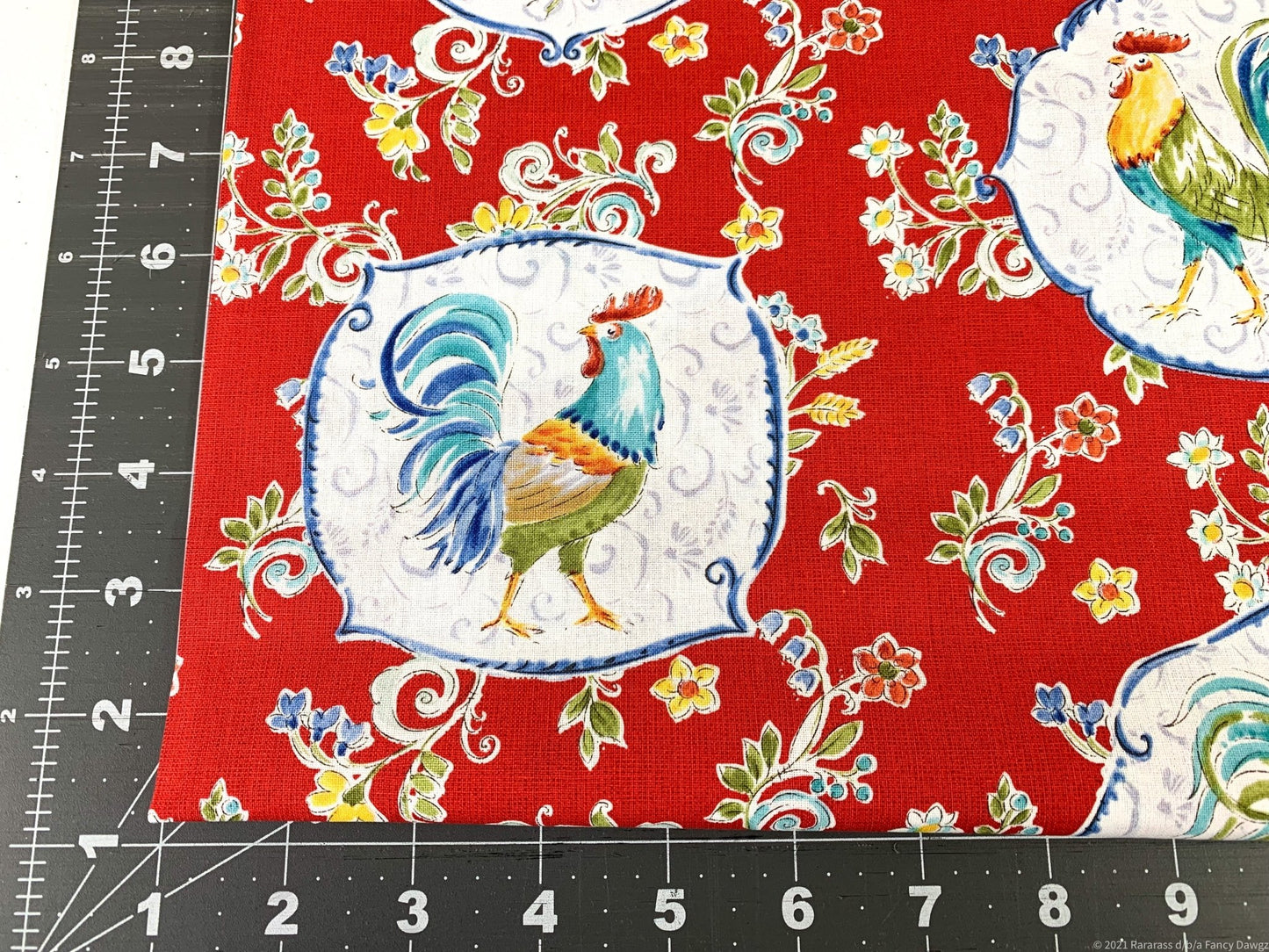 Red Morning Bloom Rooster fabric 5825 Chicken fabric - Mary Jo Fabrics