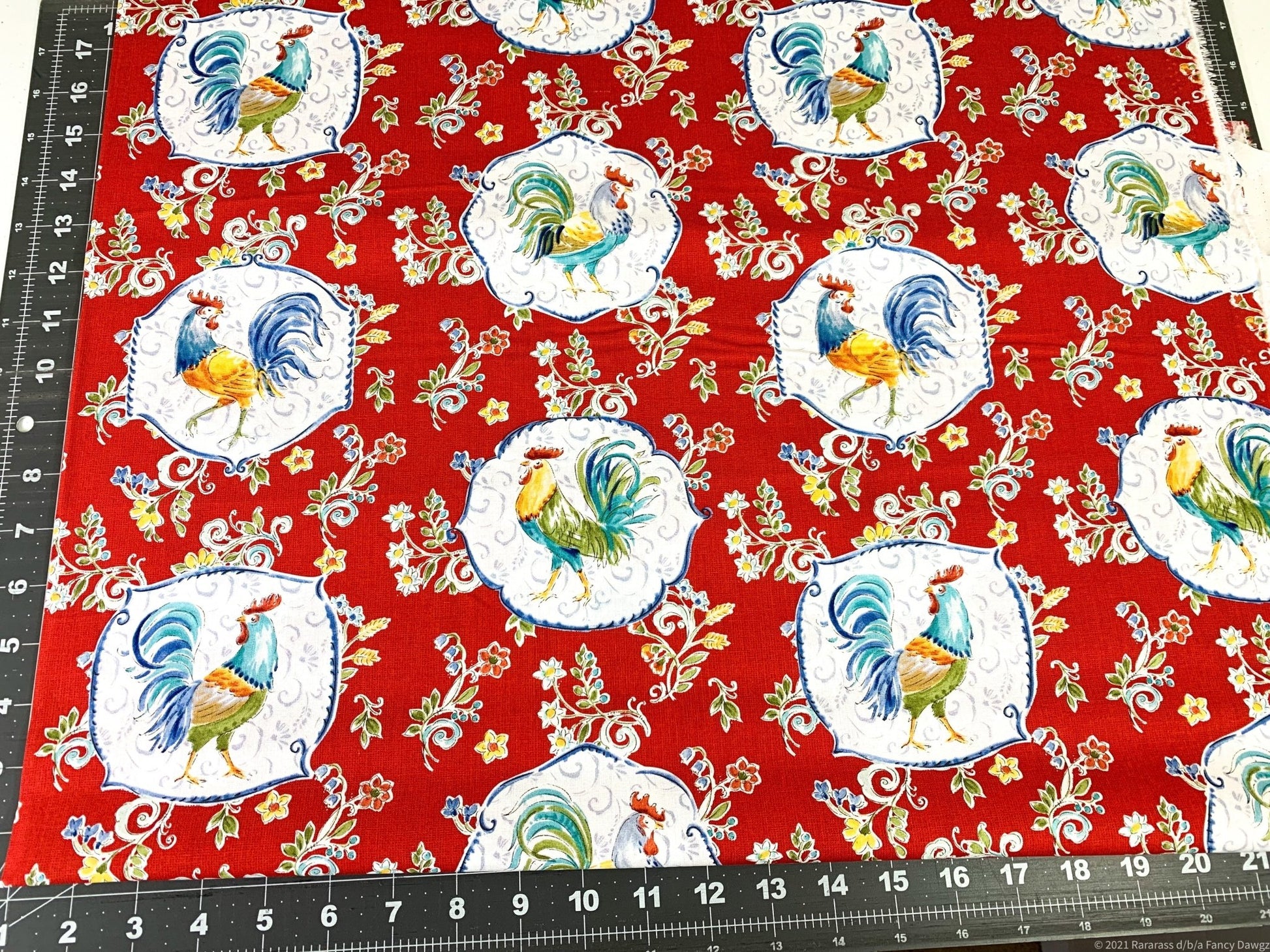 Red Morning Bloom Rooster fabric 5825 Chicken fabric - Mary Jo Fabrics