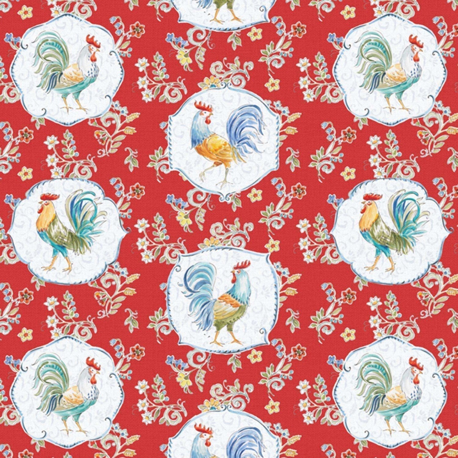 Red Morning Bloom Rooster fabric 5825 Chicken fabric - Mary Jo Fabrics