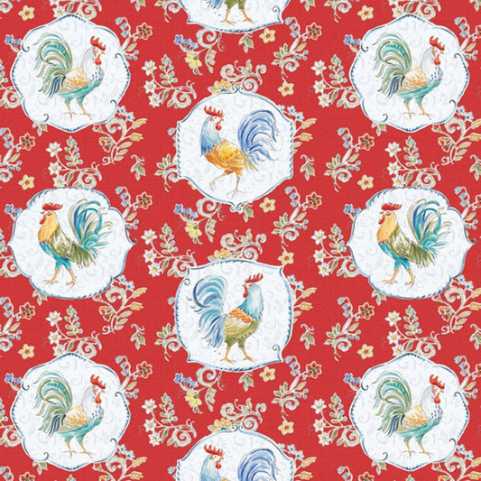 Red Morning Bloom Rooster fabric 5825 Chicken fabric - Mary Jo Fabrics