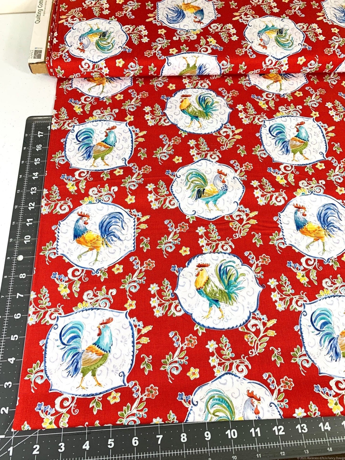 Red Morning Bloom Rooster fabric 5825 Chicken fabric - Mary Jo Fabrics