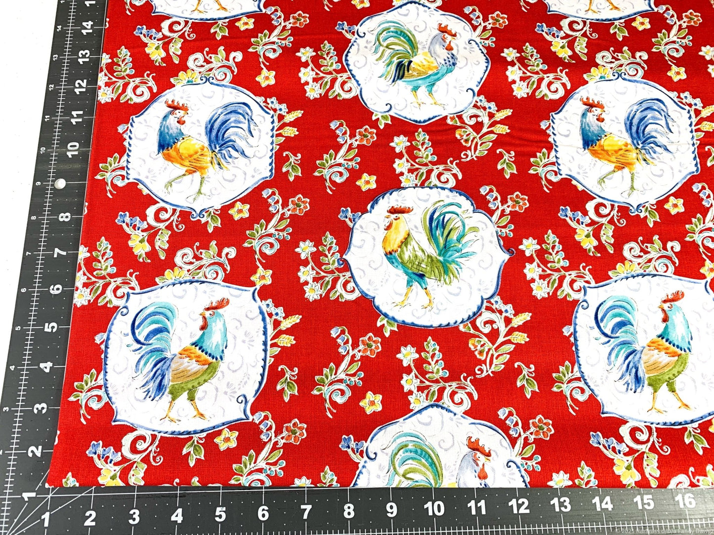 Red Morning Bloom Rooster fabric 5825 Chicken fabric - Mary Jo Fabrics