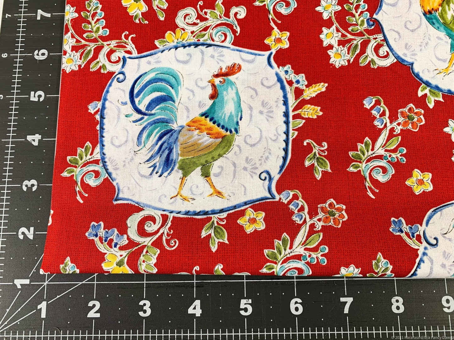 Red Morning Bloom Rooster fabric 5825 Chicken fabric - Mary Jo Fabrics